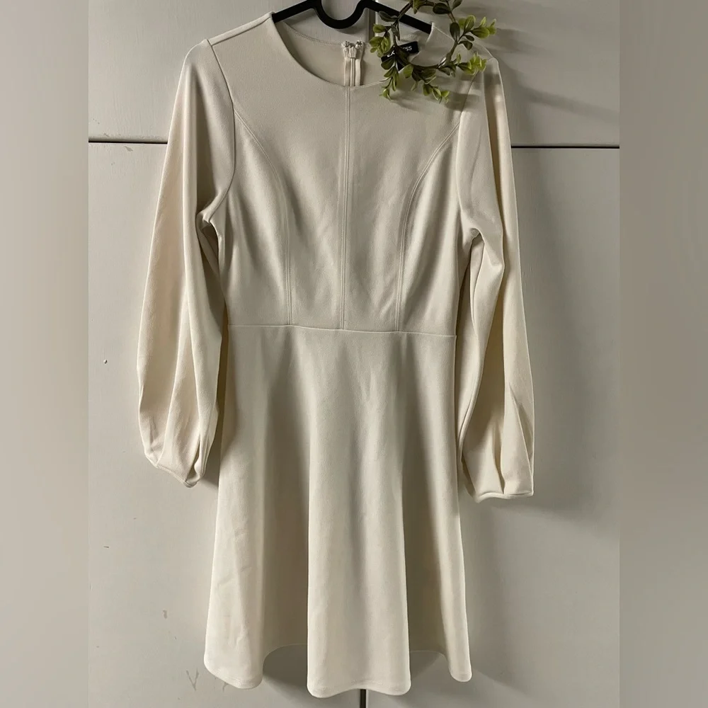 Express Women's Dress XS Midi Ivory Swing Long Sleeve A-Line Round Neck - Picture 2 of 7